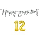 12th Happy Birthday Decoration Kit Silver for 12 Year Old Boys Girls with Number Twelve Decorations Decor Celebration Items Item Set Combo Reusable Cursive Banner