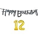 12th Happy Birthday Decoration Kit Black for 12 Year Old Boys Girls with Number Twelve Decorations Decor Celebration Items Item Set Combo Reusable Cursive Banner