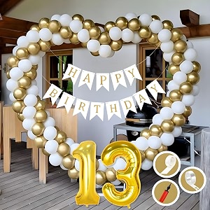 13th birthday decoration items for golden and white theme combination for boys girls  50 pcs gold white balloon  white birthday banner  balloon pump  arch tape  glue dots