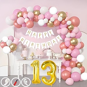 13th birthday decoration items for pink and white theme combination for girls 50 pcs pink white gold rose gold balloon white birthday banner balloon pump arch tape glue dots