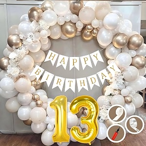 13th birthday decoration items for gold theme combination for boys girls  50 pc golden orange balloon  white birthday banner  balloon pump  arch tape  glue dots