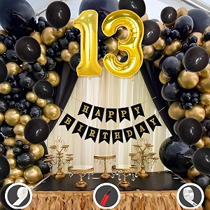 13th birthday decoration items for black and gold theme combination for boys girls  50 pcs black gold balloon  black birthday banner  balloon pump  arch tape  glue dots