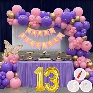13th birthday decoration items for pink and purple theme combination for girls princes  50 pcs pink purple gold balloon  pink birthday banner  balloon pump  arch tape  glue dots