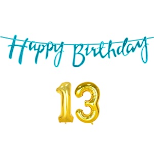 13th happy birthday decoration kit blue for 13 year old boys girls with number thirteen decorations decor celebration items item set combo reusable cursive banner