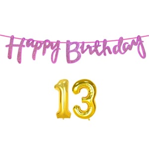 13th happy birthday decoration kit dark pink for 13 year old boys girls with number thirteen decorations decor celebration items item set combo reusable cursive banner