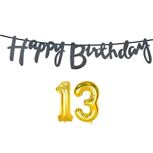 13th happy birthday decoration kit black for 13 year old boys girls with number thirteen decorations decor celebration items item set combo reusable cursive banner