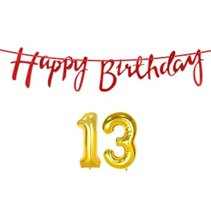13th happy birthday decoration kit red for 13 year old boys girls with number thirteen decorations decor celebration items item set combo reusable cursive banner