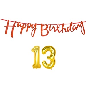 13th happy birthday decoration kit orange for 13 year old boys girls with number thirteen decorations decor celebration items item set combo reusable cursive banner