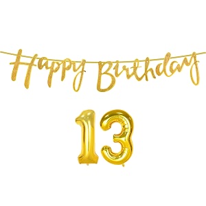 13th happy birthday decoration kit golden for 13 year old boys girls with number thirteen decorations decor celebration items item set combo reusable cursive banner