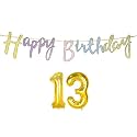 13th Happy Birthday Decoration Kit Multicolour for 13 Year Old Boys Girls Multicolor with Number Thirteen Decorations Decor Celebration Items Item Set Combo Reusable Cursive Banner