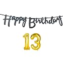 13th Happy Birthday Decoration Kit Black for 13 Year Old Boys Girls with Number Thirteen Decorations Decor Celebration Items Item Set Combo Reusable Cursive Banner