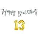 13th Happy Birthday Decoration Kit Silver for 13 Year Old Boys Girls with Number Thirteen Decorations Decor Celebration Items Item Set Combo Reusable Cursive Banner