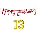13th Happy Birthday Decoration Kit Red for 13 Year Old Boys Girls with Number Thirteen Decorations Decor Celebration Items Item Set Combo Reusable Cursive Banner