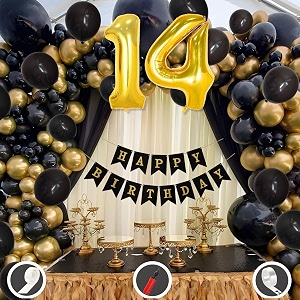 14th birthday decoration items for black and gold theme combination for boys girls  50 pcs black gold balloon  black birthday banner  balloon pump  arch tape  glue dots