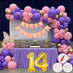 14th birthday decoration items for pink and purple theme combination for girls princes  50 pcs pink purple gold balloon  pink birthday banner  balloon pump  arch tape  glue dots