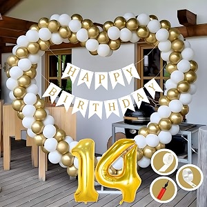 14th birthday decoration items for golden and white theme combination for boys girls  50 pcs gold white balloon  white birthday banner  balloon pump  arch tape  glue dots