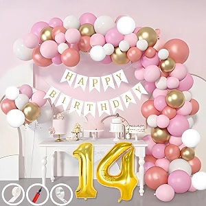 14th birthday decoration items for pink and white theme combination for girls 50 pcs pink white gold rose gold balloon white birthday banner balloon pump arch tape glue dots