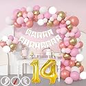 14th Birthday Decoration Items for Pink and White Theme Combination for Girls| 50 Pcs Pink White Gold Rose Gold Balloon| White Birthday Banner| Balloon Pump| Arch Tape| Glue Dots