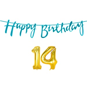 14th happy birthday decoration kit blue for 14 year old boys girls with number fourteen decorations decor celebration items item set combo reusable cursive banner