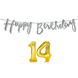 14th happy birthday decoration kit silver for 14 year old boys girls with number fourteen decorations decor celebration items item set combo reusable cursive banner