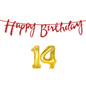 14th happy birthday decoration kit red for 14 year old boys girls with number fourteen decorations decor celebration items item set combo reusable cursive banner