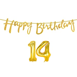 14th happy birthday decoration kit golden for 14 year old boys girls with number fourteen decorations decor celebration items item set combo reusable cursive banner
