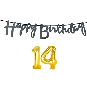 14th happy birthday decoration kit black for 14 year old boys girls with number fourteen decorations decor celebration items item set combo reusable cursive banner