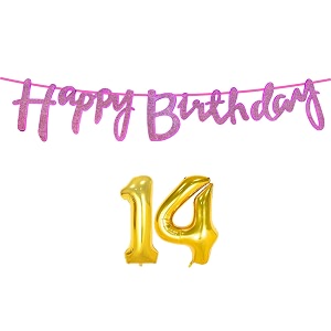 14th happy birthday decoration kit dark pink for 14 year old boys girls with number fourteen decorations decor celebration items item set combo reusable cursive banner