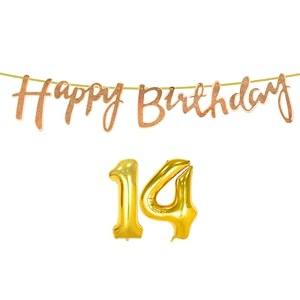 14th happy birthday decoration kit rose gold for 14 year old boys girls with number fourteen decorations decor celebration items item set combo reusable cursive banner