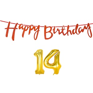 14th happy birthday decoration kit orange for 14 year old boys girls with number fourteen decorations decor celebration items item set combo reusable cursive banner