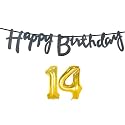 14th Happy Birthday Decoration Kit Black for 14 Year Old Boys Girls with Number Fourteen Decorations Decor Celebration Items Item Set Combo Reusable Cursive Banner