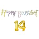14th Happy Birthday Decoration Kit Multicolour for 14 Year Old Boys Girls Multicolor with Number Fourteen Decorations Decor Celebration Items Item Set Combo Reusable Cursive Banner