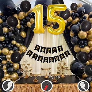 15th birthday decoration items for black and gold theme combination for boys girls  50 pcs black gold balloon  black birthday banner  balloon pump  arch tape  glue dots