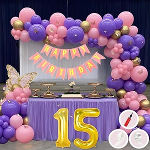 15th birthday decoration items for pink and purple theme combination for girls princes  50 pcs pink purple gold balloon  pink birthday banner  balloon pump  arch tape  glue dots