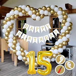 15th birthday decoration items for golden and white theme combination for boys girls  50 pcs gold white balloon  white birthday banner  balloon pump  arch tape  glue dots