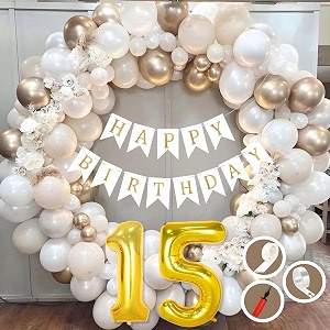 15th birthday decoration items for white and gold theme combination for boys girls  50 pc golden white orange balloon  white birthday banner  balloon pump  arch tape  glue dots