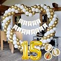15th Birthday Decoration Items for Golden and White Theme Combination for Boys Girls | 50 Pcs Gold White Balloon | White Birthday Banner | Balloon Pump | Arch Tape | Glue Dots