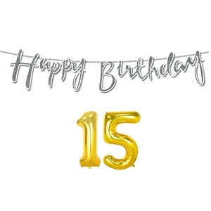 15th happy birthday decoration kit silver for 15 year old boys girls with number fifteen decorations decor celebration items item set combo reusable cursive banner
