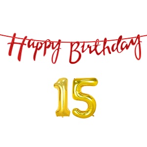 15th happy birthday decoration kit red for 15 year old boys girls with number fifteen decorations decor celebration items item set combo reusable cursive banner