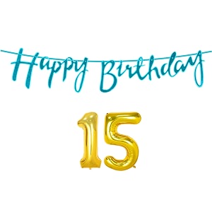 15th happy birthday decoration kit blue for 15 year old boys girls with number fifteen decorations decor celebration items item set combo reusable cursive banner