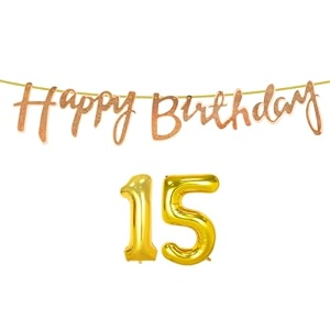 15th happy birthday decoration kit rose gold for 15 year old boys girls with number fifteen decorations decor celebration items item set combo reusable cursive banner