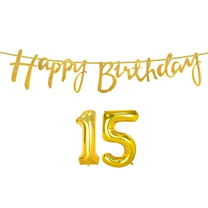 15th happy birthday decoration kit golden for 15 year old boys girls with number fifteen decorations decor celebration items item set combo reusable cursive banner