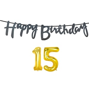 15th happy birthday decoration kit black for 15 year old boys girls with number fifteen decorations decor celebration items item set combo reusable cursive banner