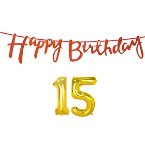 15th happy birthday decoration kit orange for 15 year old boys girls with number fifteen decorations decor celebration items item set combo reusable cursive banner