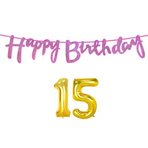 15th happy birthday decoration kit dark pink for 15 year old boys girls with number fifteen decorations decor celebration items item set combo reusable cursive banner