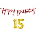 15th Happy Birthday Decoration Kit Red for 15 Year Old Boys Girls with Number Fifteen Decorations Decor Celebration Items Item Set Combo Reusable Cursive Banner