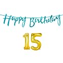 15th Happy Birthday Decoration Kit Blue for 15 Year Old Boys Girls with Number Fifteen Decorations Decor Celebration Items Item Set Combo Reusable Cursive Banner