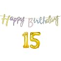 15th Happy Birthday Decoration Kit Multicolour for 15 Year Old Boys Girl Multicolor with Number Fifteen Decorations Decor Items Item Set Combo Reusable Cursive Banner