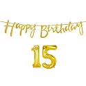 15th Happy Birthday Decoration Kit Golden for 15 Year Old Boys Girls with Number Fifteen Decorations Decor Celebration Items Item Set Combo Reusable Cursive Banner