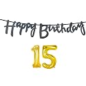 15th Happy Birthday Decoration Kit Black for 15 Year Old Boys Girls with Number Fifteen Decorations Decor Celebration Items Item Set Combo Reusable Cursive Banner